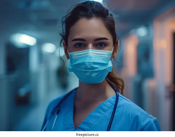 Portrait of a young female doctor or nurse wearing a mask