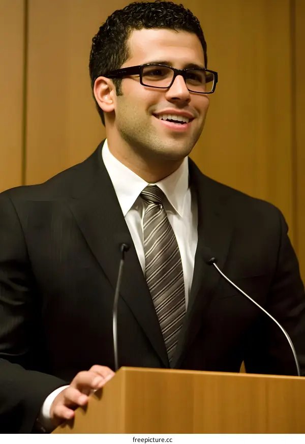 Young Man in Suit and Tie Speaking at a Podium
