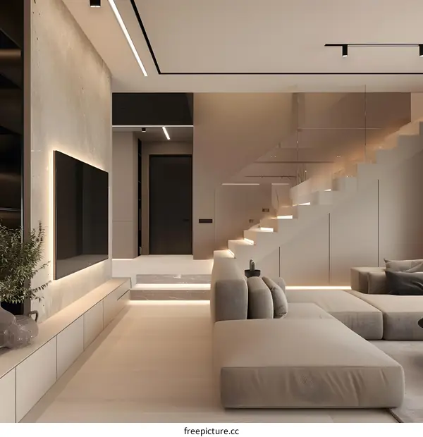 Modern Minimalist Living Room Interior Design with Stairs