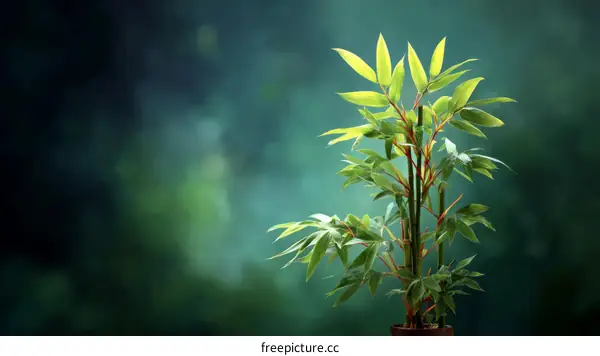 Green Bamboo Plant in a Pot Against a Teal Background