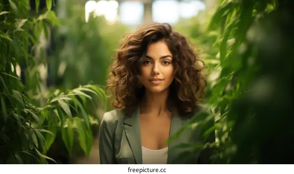 Portrait of a young woman standing in a lush green cannabis field