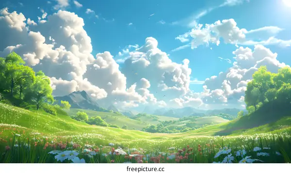 White flowers bloom on the hillside