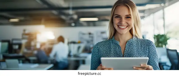 Smiling Businesswoman Using Tablet in Modern Office