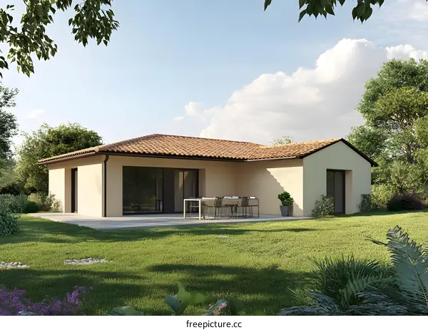 Modern Single Story House with Brown Roof and Patio