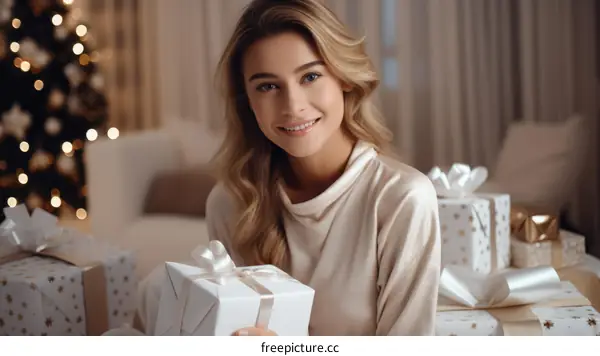 Blonde woman with blue eyes smiling while holding a present