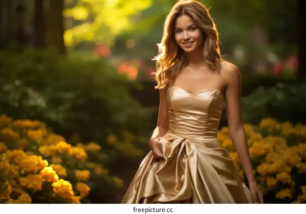 Elegant woman in a golden dress walking in a garden
