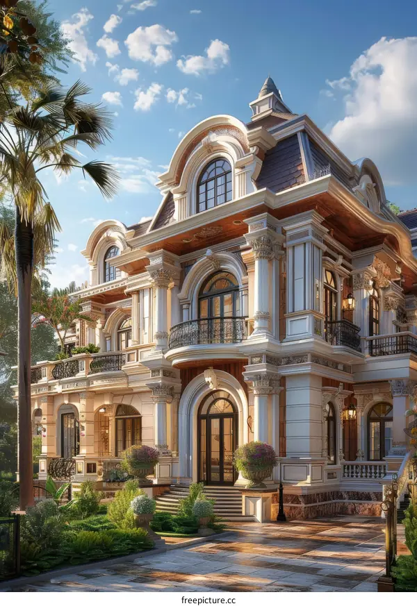 European-Style Villa Under Blue Sky With White Clouds