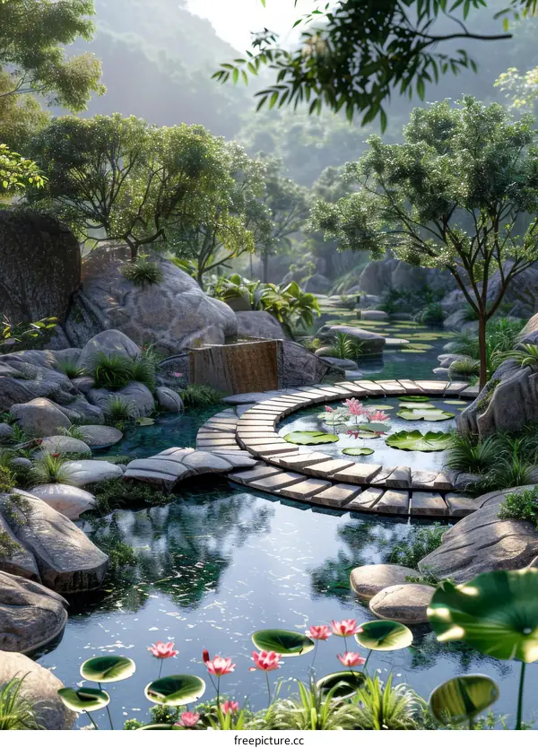 Stepping Stones in a Serene Pond with Lily Pads and Lush Greenery
