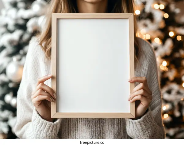Woman Holding Blank Frame Christmas Background