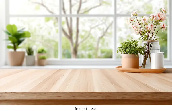 Spring Day Table Top View with Flowers and Plants