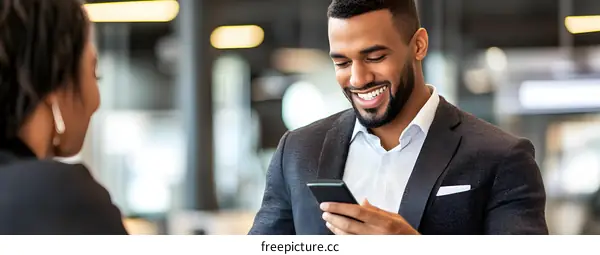 Smiling Businessman Looking At Phone In Office