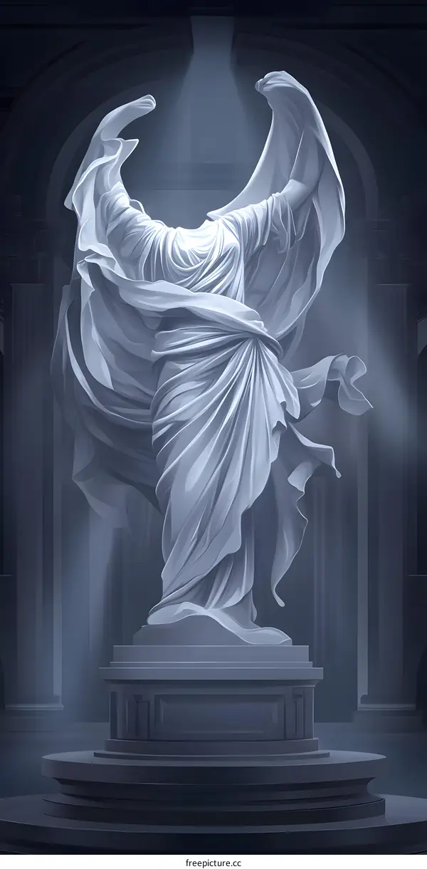 White Marble Statue of a Woman with Wings in a Dark Room