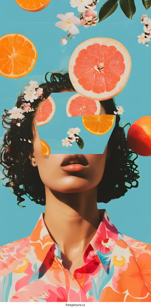 Woman with Fruit Collage Covering Her Face