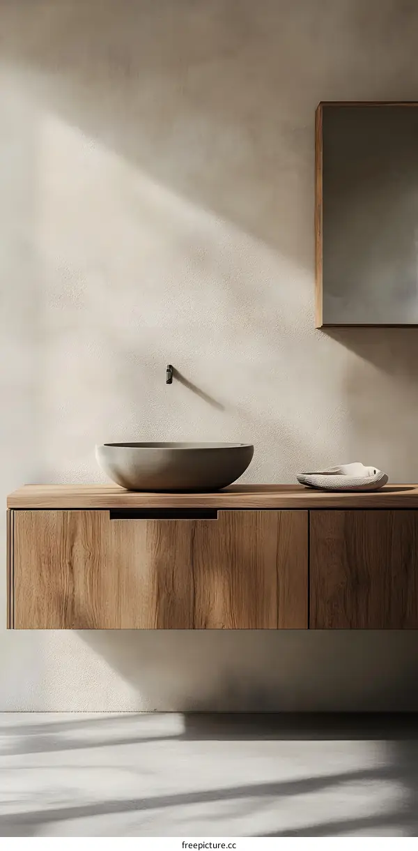 Minimalist Bathroom Design With Wooden Cabinet And Stone Sink