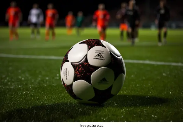 A close up of a soccer ball on a field with blurred out players in the background