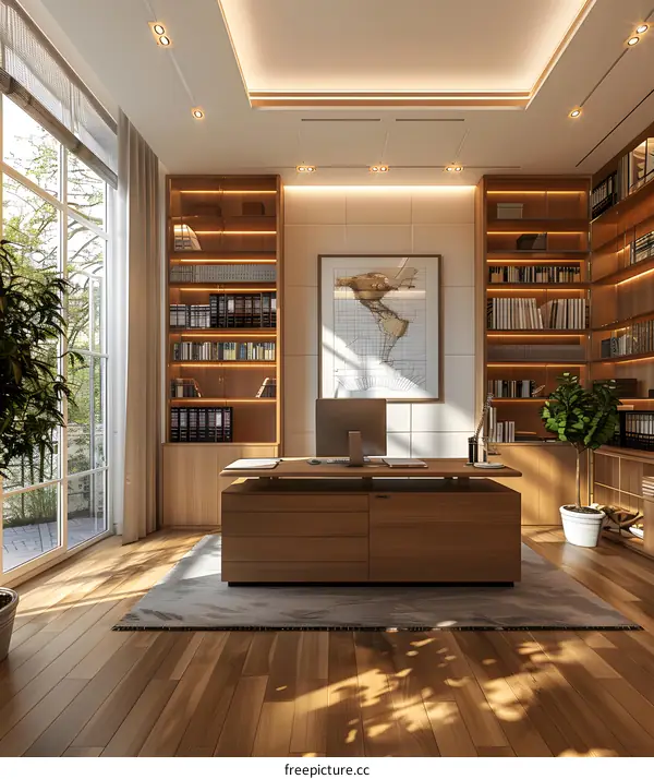 A home office with a large wooden desk, a comfortable chair, and a beautiful view of the outside.