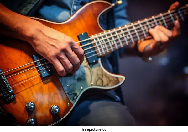Close up of a musician playing an electric bass guitar