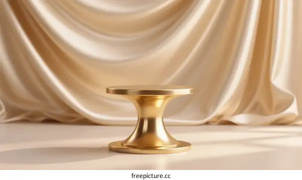 Golden Pedestal with Smooth Curved Design on Beige Fabric Background