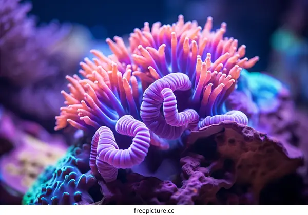 Close-up of a colorful coral reef with pink and purple tentacles