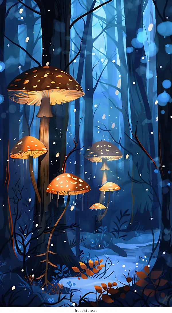 Glowing Mushrooms in a Dark Forest Illustration