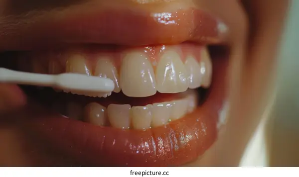 Close-up of woman smiling with healthy teeth and using interdental brush