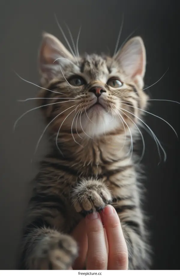 A cute tabby kitten reaches out to put its paw in a human's hand