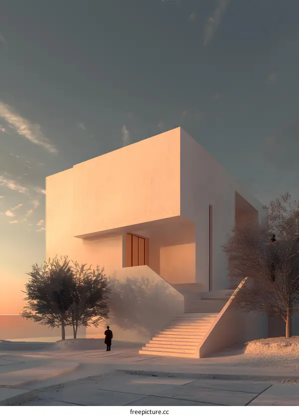 Minimalist Modern Building Architecture Design with Two People Standing