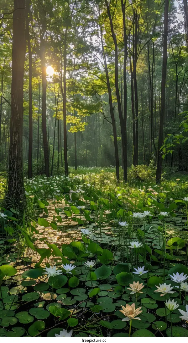 Sunlight Filtering Through a Forest to Illuminate White Lotus Flowers