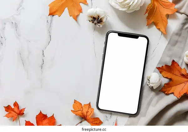 Autumn Leaves and Smartphone Mockup on Marble Background
