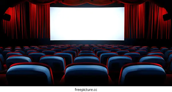 Empty Movie Theater Seats with Red Curtains and White Screen