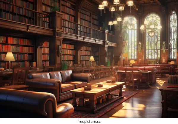 ornate library interior with leather furniture