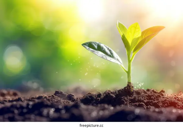 Close up image of a young green plant growing in the soil with a blurred background
