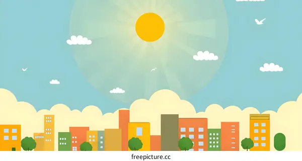Cartoon Cityscape Illustration with Sunny Day and Birds