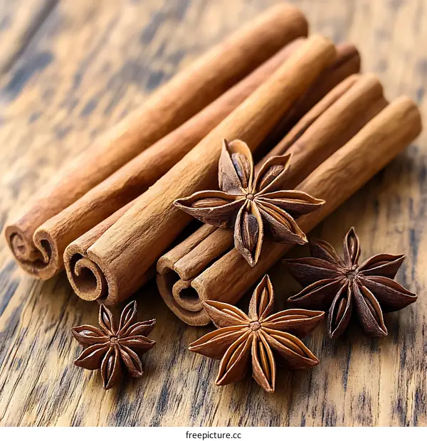 Cinnamon Sticks and Star Anise on Wooden Background