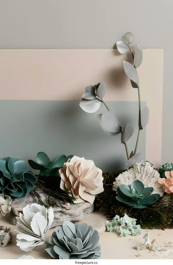 Paper Flower Arrangement with Eucalyptus on Beige Background