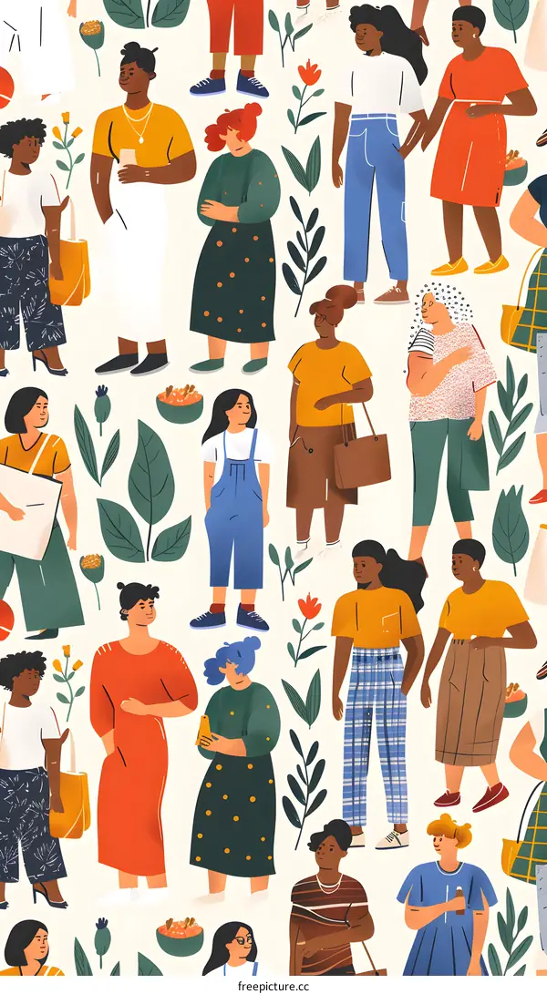 Diverse Group of People Standing Together Seamless Pattern Illustration