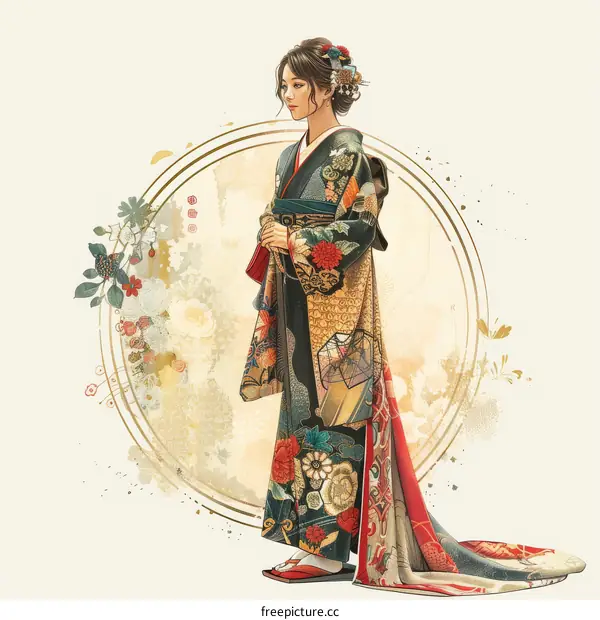 A woman wearing a kimono with a floral pattern and a large obi