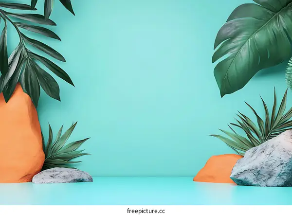 Tropical Leaves and Rocks on a Turquoise Background
