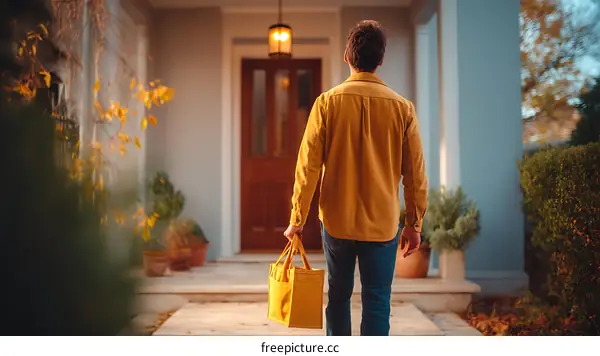 Delivery Person Leaving a House with a Yellow Bag