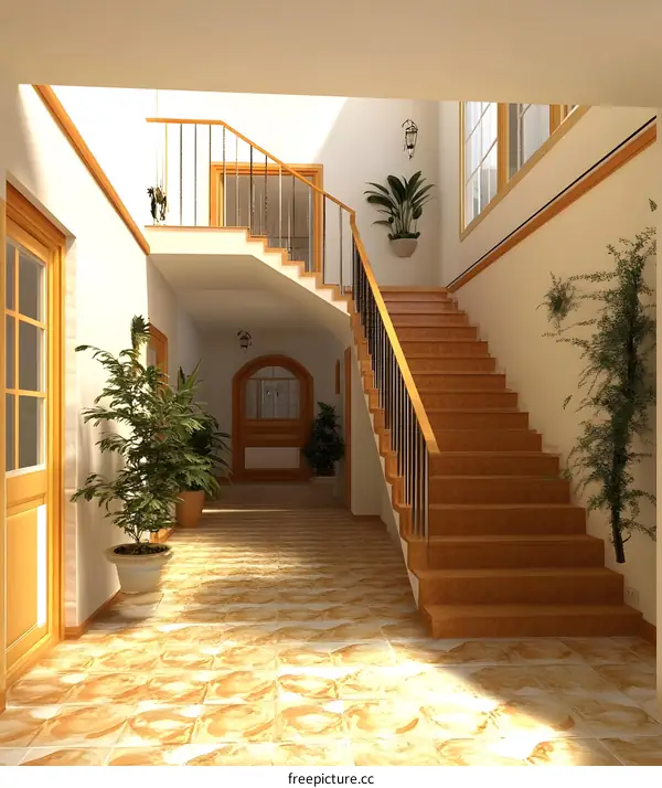 Modern Staircase Design with Wooden Handrail and Tile Floor