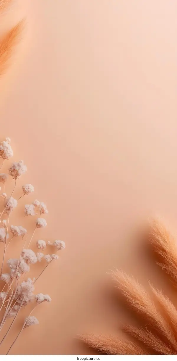 Neutral Tones Minimalist Dried Flowers and Pampas Grass Arrangement on Peach Background