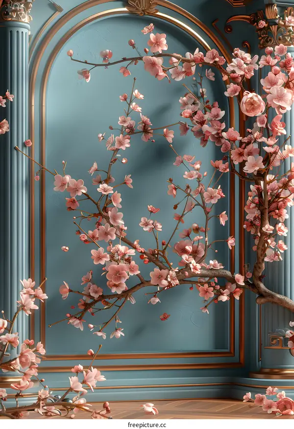 3D Pink cherry blossoms bloom in a blue-green background room