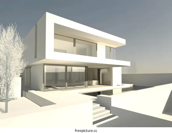 Modern House Exterior Design with White Walls and Large Windows
