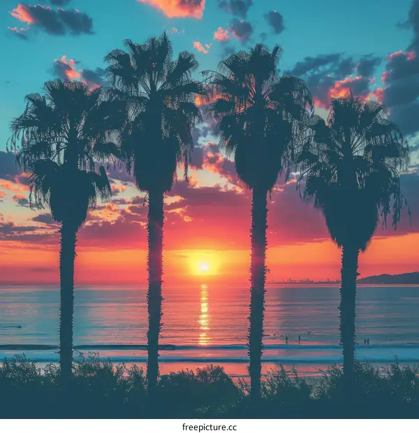 Palm trees on the beach at sunset
