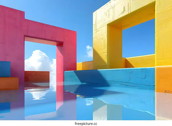 Three colorful abstract geometric shapes in water with blue sky background