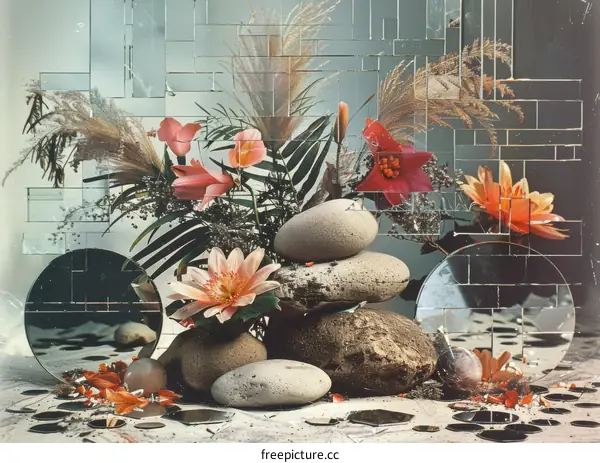 Still life with flowers and rocks