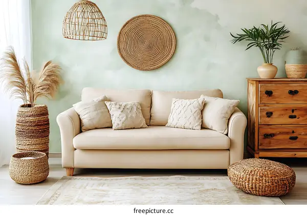 Cozy Living Room with Beige Sofa and Woven Decor