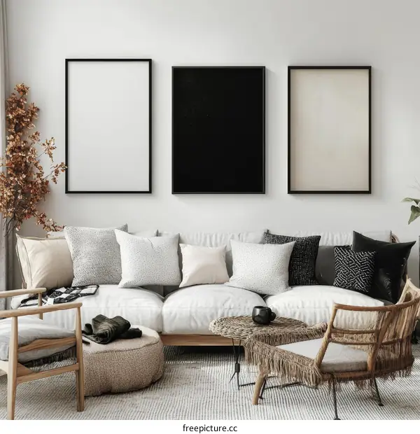 Modern Minimalist Living Room Mockup with Blank Frames