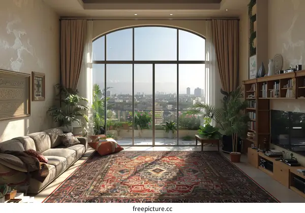 Modern Living Room Interior with City View Through Expansive Window