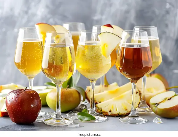 Apple and Pineapple Cider Glasses on a Grey Background